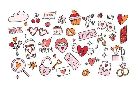 Vector valentines day elements,symbols in doodle style on white background Illustrazione stock