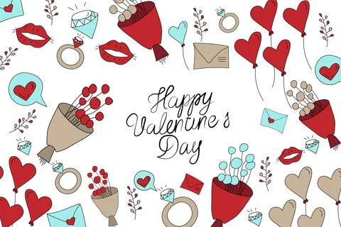 Vector. Valentine's day. Hand-drawn cartoon icons, calligraphic text. Stock Illustration