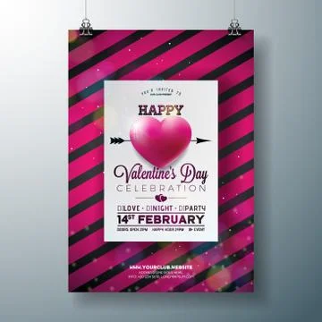 Vector Valentines Day Party Flyer Design with Typography and Hearth on Red Stock Illustration