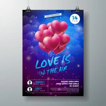 Vector Valentines Day Party Flyer Design with Typography and Heart on Red Stock Illustration