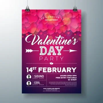 Vector Valentines Day Party Flyer Design with Typography and Heart on Red Stock Illustration