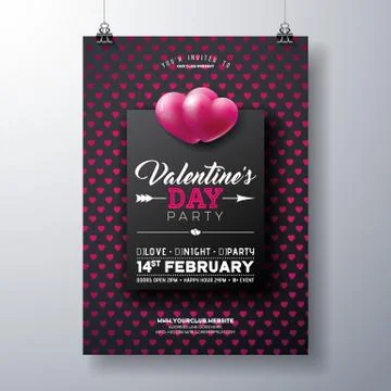 Vector Valentines Day Party Flyer Design with Typography on Red Heart Pattern Illustrazione stock