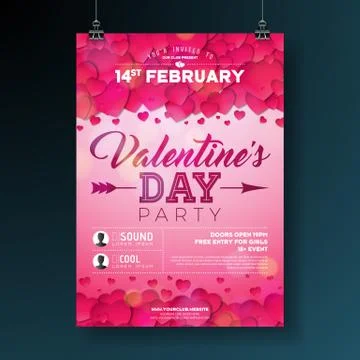 Vector Valentines Day Party Flyer Illustration with Typography and Red Heart on Stock Illustration