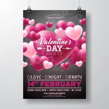 Vector Valentines Day Party Flyer Design with Love You Typography Letter and Stock Illustration