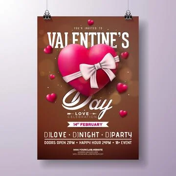 Vector Valentines Day Party Flyer Design with Red Heart and White Bow on Shiny Illustrazione stock
