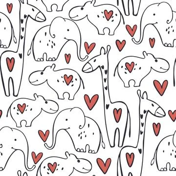 Vector Valentine's day pattern with animals and hearts. Stock Illustration