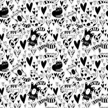 Vector Valentines Day pattern seamless cats and hearts black and white. Stock Illustration