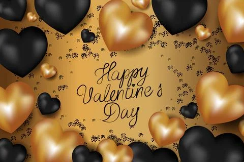 Vector. Valentine's Day. Realistic 3d gold and black heart shaped gel balloons. Stock Illustration