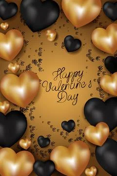Vector. Valentine's Day. Realistic 3d gold and black gel balloons. Stock Illustration