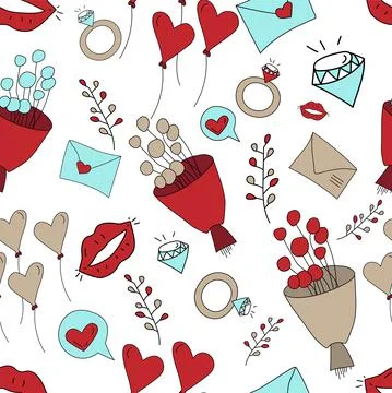 Vector. Valentine's day seamless pattern. Hand-drawn cartoon icons. Stock Illustration