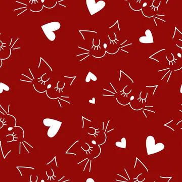 Vector. Valentine's day seamless pattern with cute cats, lovers, hearts, eyes Stock Illustration