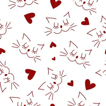 Vector. Valentine's day seamless pattern with cute cats, lovers, hearts, eyes Stock Illustration