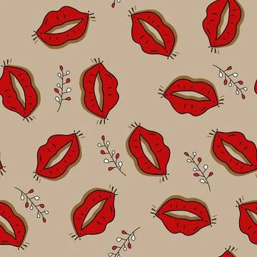 Vector. Valentine's day seamless pattern. Hand-drawn red sexy cartoon lips, Stock Illustration