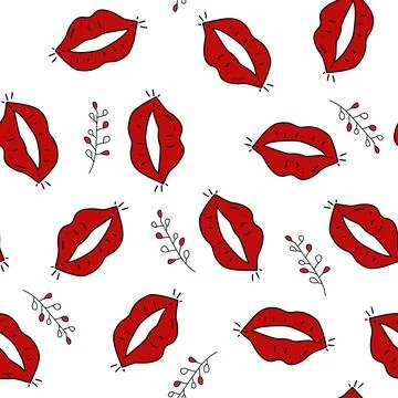 Vector. Valentine's day seamless pattern. Hand-drawn red sexy cartoon lips, Stock Illustration