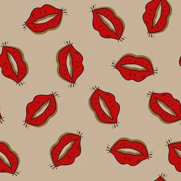 Vector. Valentine's day seamless pattern. Hand-drawn red sexy cartoon lips. Stock Illustration