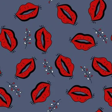 Vector. Valentine's day seamless pattern. Hand-drawn red sexy cartoon lips, Stock Illustration