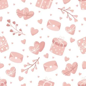Vector Valentines Day seamless pattern with hand drawn love symbols. Stock Illustration