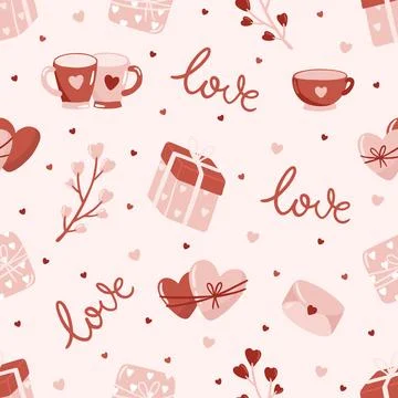 Vector Valentines Day seamless pattern with hand drawn love symbols. Stock Illustration