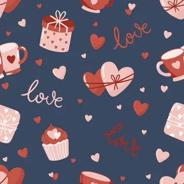 Vector Valentines Day seamless pattern with hand drawn love symbols. Stock Illustration