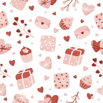 Vector Valentines Day seamless pattern with hand drawn love symbols. Stock Illustration