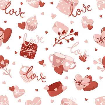 Vector Valentines Day seamless pattern with hand drawn love symbols. Stock Illustration