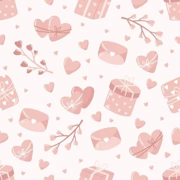 Vector Valentines Day seamless pattern with hand drawn love symbols. Stock Illustration