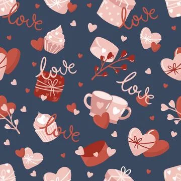 Vector Valentines Day seamless pattern with hand drawn love symbols. Stock Illustration