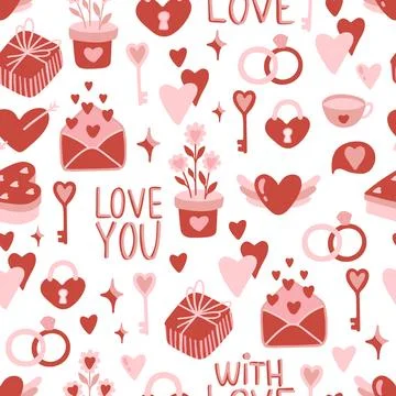 Vector Valentines Day seamless pattern with hand drawn love symbols. Stock Illustration