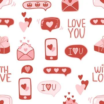 Vector Valentines Day seamless pattern with hand drawn love symbols. Illustrazione stock