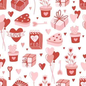 Vector Valentines Day seamless pattern with hand drawn love symbols. Stock Illustration