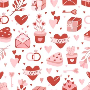 Vector Valentines Day seamless pattern with hand drawn love symbols. Stock Illustration