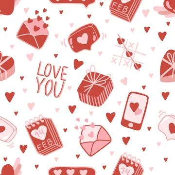 Vector Valentines Day seamless pattern with hand drawn love symbols. Stock Illustration