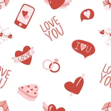 Vector Valentines Day seamless pattern with hand drawn love symbols. Stock Illustration