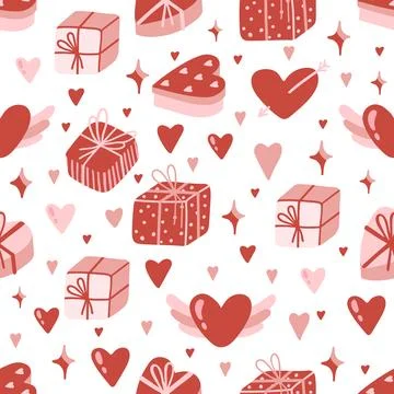 Vector Valentines Day seamless pattern with hand drawn love symbols. Stock Illustration