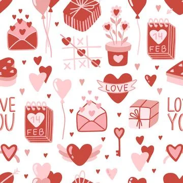 Vector Valentines Day seamless pattern with hand drawn love symbols. Stock Illustration