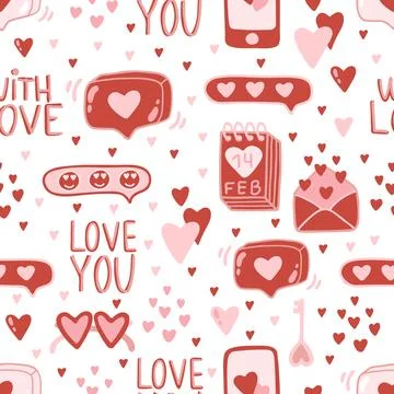 Vector Valentines Day seamless pattern with hand drawn love symbols. Stock Illustration