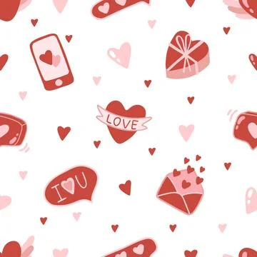 Vector Valentines Day seamless pattern with hand drawn love symbols. Stock Illustration