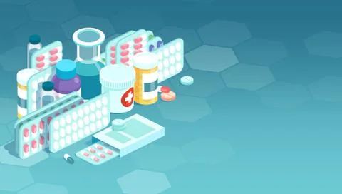 Vector of various meds, pills, capsules, glass bottles with liquid medicine. Stock Illustration