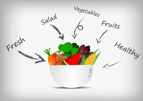 Vector : Vegetable and fruit in salad bowl and arrows Stock Illustration