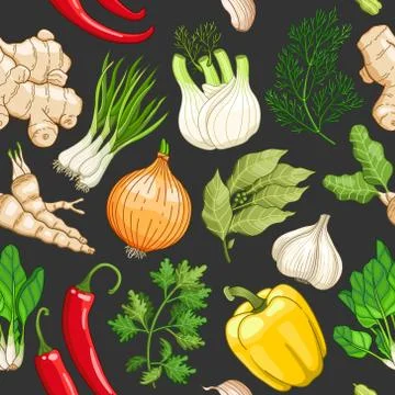 Vector vegetable pattern with herbs on dark Stock Illustration