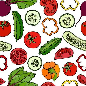 Vector Vegetable Seamless Pattern with Cucumbers, Red Tomatoes, Bell Pepper,  Stock Illustration