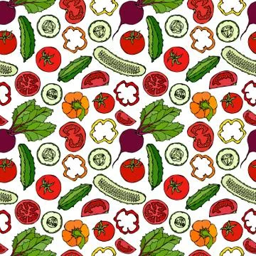 Vector Vegetable Seamless Pattern with Cucumbers, Red Tomatoes, Bell Pepper,  Stock Illustration