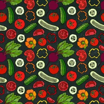 Vector Vegetable Seamless Pattern with Cucumbers, Red Tomatoes, Bell Pepper,  Illustrazione stock