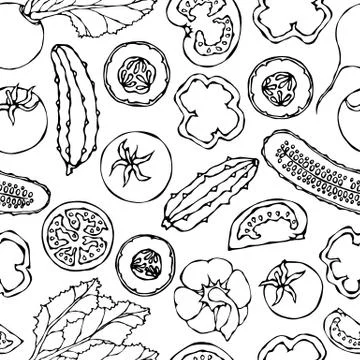 Vector Vegetable Seamless Pattern with Cucumbers, Red Tomatoes, Bell Pepper,  Stock Illustration