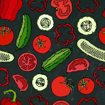 Vector Vegetable Seamless Pattern with Mini Cucumbers, Red Tomatoes, Bell Pep Stock Illustration