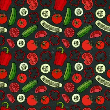 Vector Vegetable Seamless Pattern with Mini Cucumbers, Red Tomatoes, Bell Pep Illustrazione stock