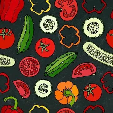 Vector Vegetable Seamless Pattern with Mini Cucumbers, Red Tomatoes, Bell Pep Stock Illustration