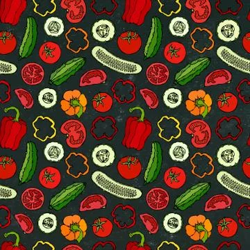 Vector Vegetable Seamless Pattern with Mini Cucumbers, Red Tomatoes, Bell Pep Illustrazione stock