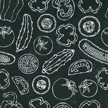 Vector Vegetable Seamless Pattern with Mini Cucumbers, Red Tomatoes, Bell Pep Illustrazione stock