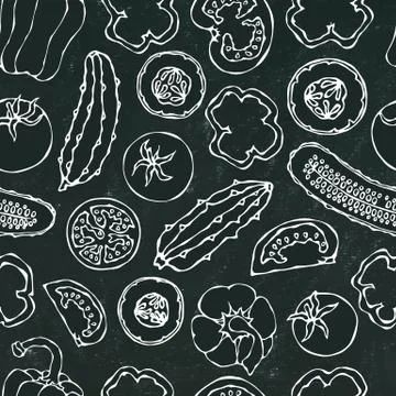 Vector Vegetable Seamless Pattern with Mini Cucumbers, Red Tomatoes, Bell Pep Illustrazione stock